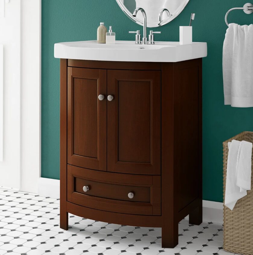24 Inch Walnut Curved Freestanding Bathroom Vanity with Ceramic Sink & Silver Knobs