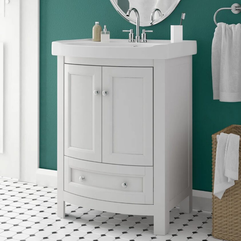 24 Inch Curved White Freestanding Bathroom Vanity with Integrated Ceramic Sink & Silver Knobs