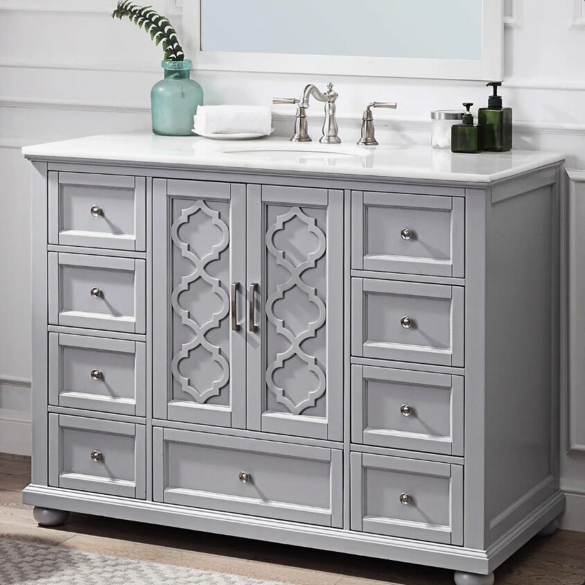 1 Transitional Gray Freestanding Single Sink Vanity with Decorative Cutout Cabinet Doors