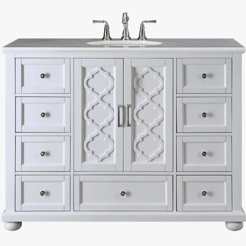 Freestanding White Single Sink Vanity with Decorative Cutout Cabinet Doors