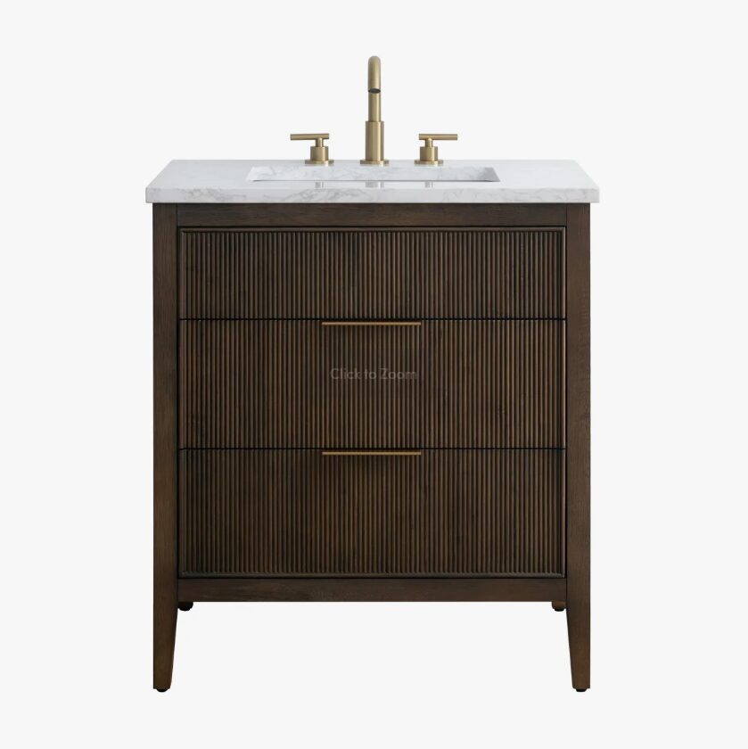 Fluted Walnut Vanity Cabinet with Marble Countertop