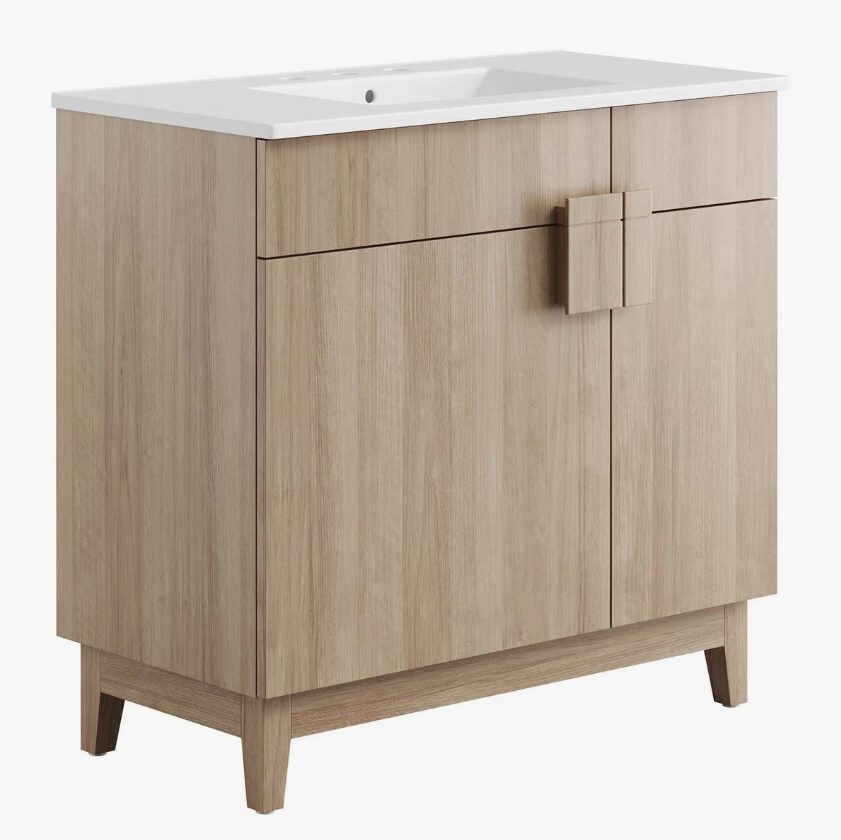 Minimalist Oak Single Sink Vanity Cabinet with 2 Doors & 2 Top Storage Drawers