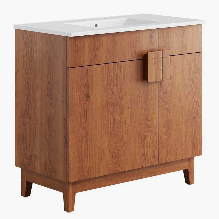 Mid-Century Walnut Single Sink Vanity Cabinet with 2 Doors & Dual Top Drawers