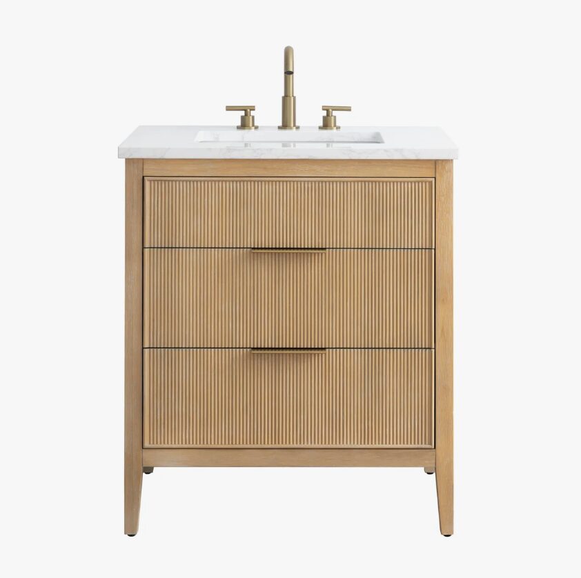 Coastal Fluted Oak Bathroom Vanity with Marble Top