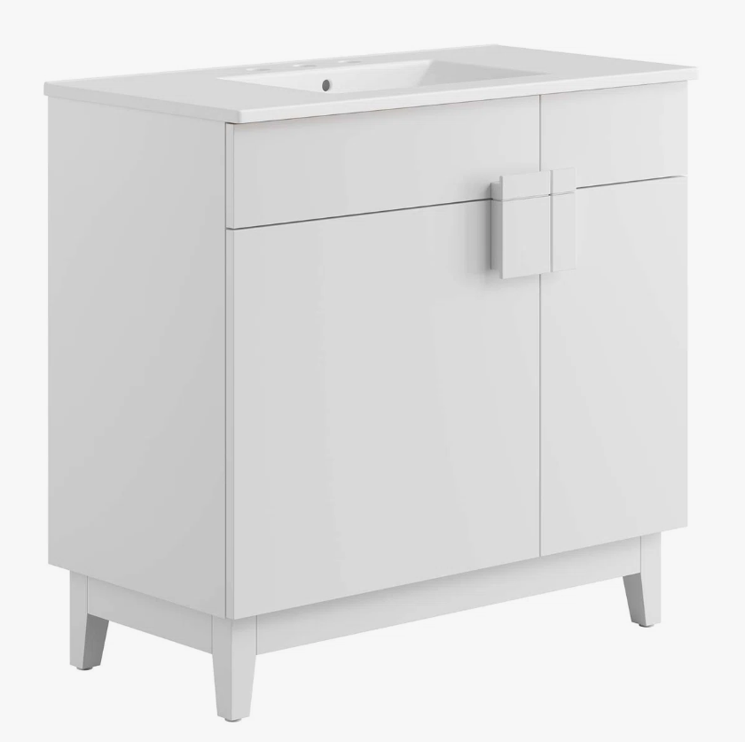 Minimalist White Single Sink Vanity Cabinet with 2 Doors & Dual Top Storage Drawers