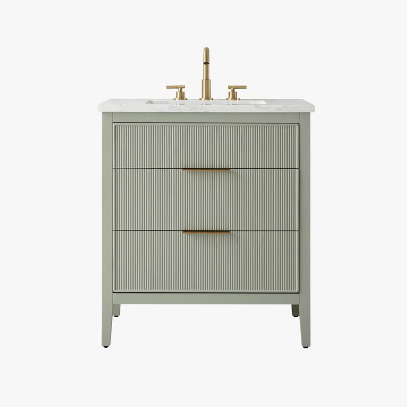 Soft Sage Reeded Bathroom Vanity with Brushed Gold Hardware