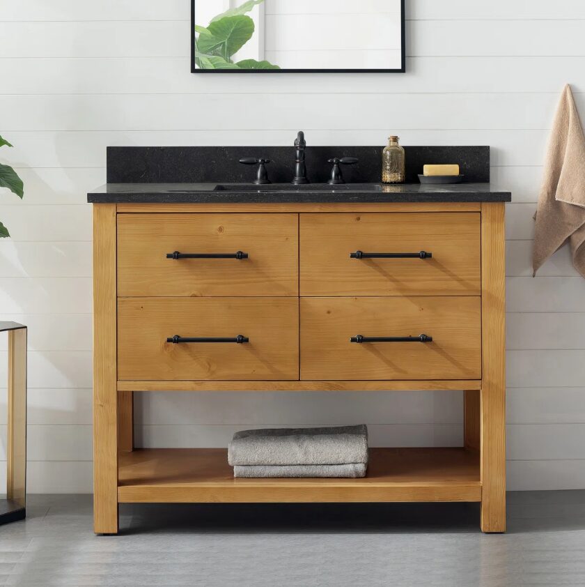 Rustic Pine Freestanding Single Sink Vanity with Open Storage Shelf