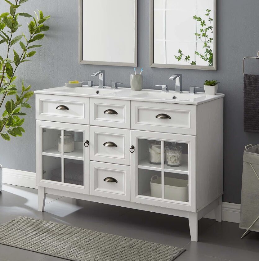 1 Traditional White Double Vanity with Integrated White Solid Surface Countertop