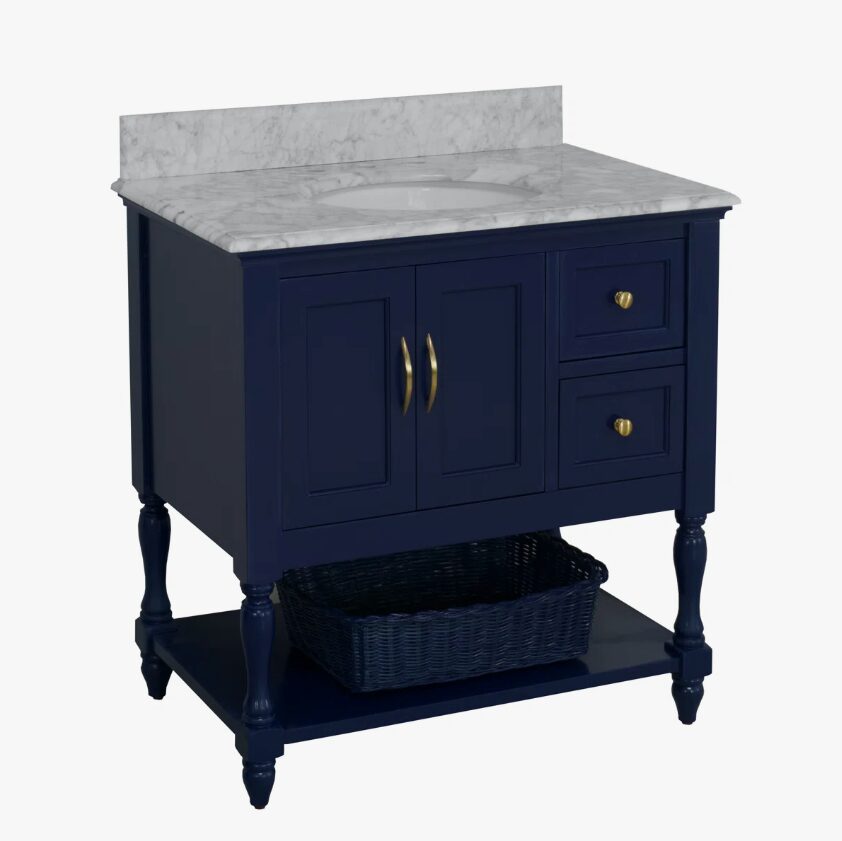 Transitional Navy Blue Freestanding Single Sink Vanity with Turned Legs & Storage Basket
