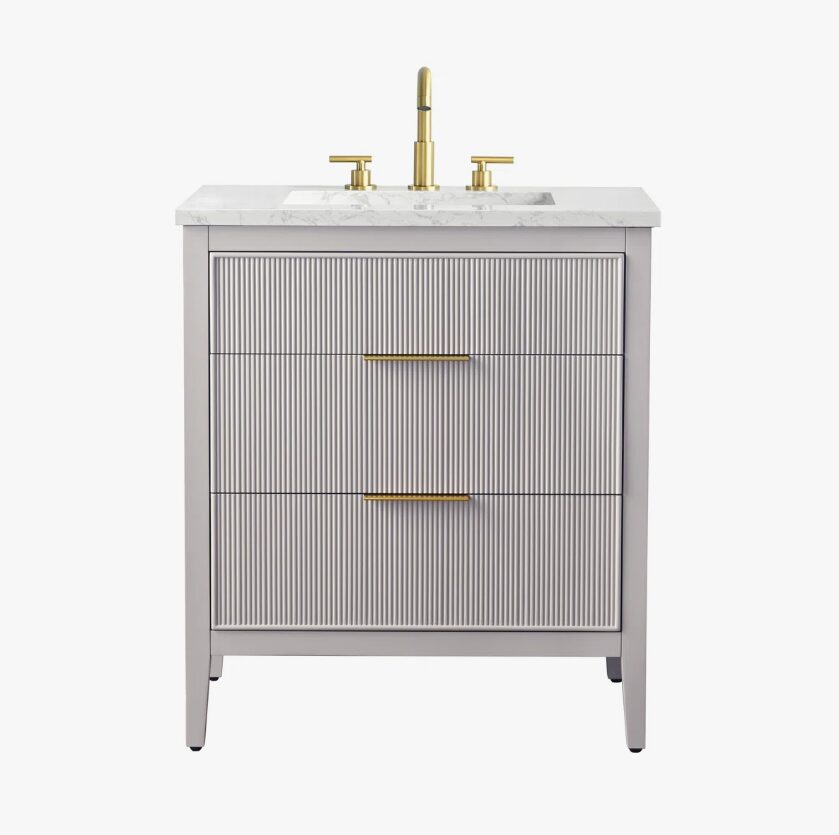 Soft Grey Reeded Bath Vanity with Brushed Gold Pull Handles