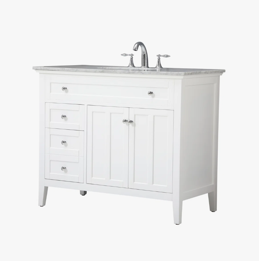 1 42 Inch White Shaker Single Sink Bathroom Vanity with Carrara Marble Top & 4 Drawers