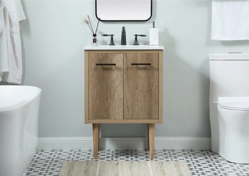 24 Inch Natural Oak Mid-Century Single Sink Bathroom Vanity with White Quartz Top