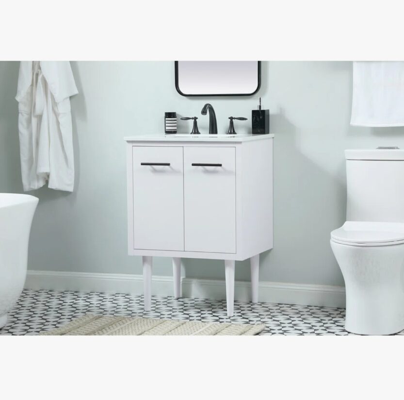 1 24 Inch White Mid-Century Single Sink Bathroom Vanity with White Quartz Top