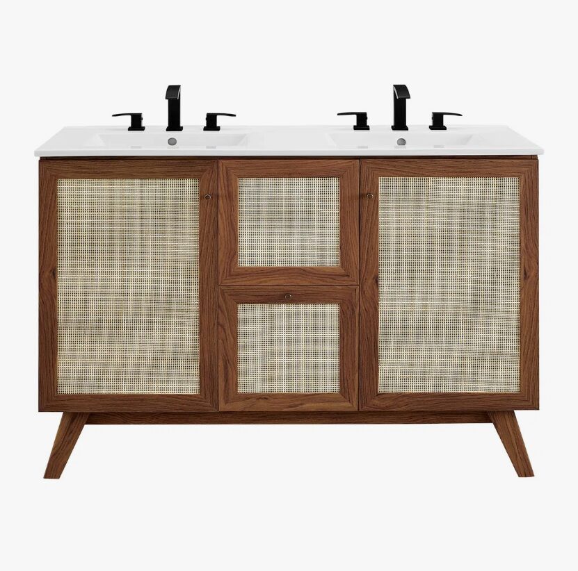 48 Inch Walnut Rattan Double Sink Mid-Century Bathroom Vanity with White Quartz Top