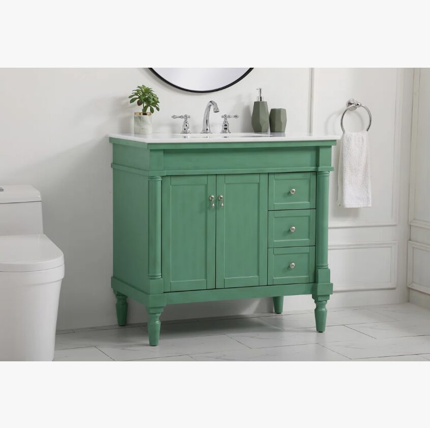 1 36 Inch Sage Green Traditional Single Sink Bathroom Vanity with White Quartz Top