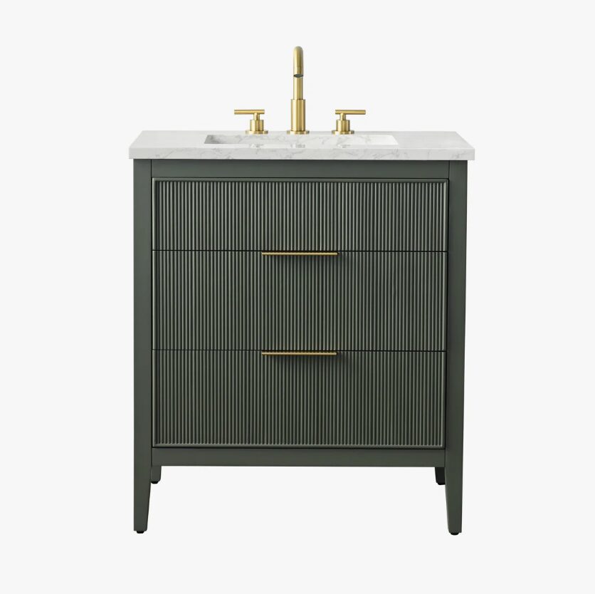 Farmhouse Dark Olive Fluted Vanity for Small Bathroom