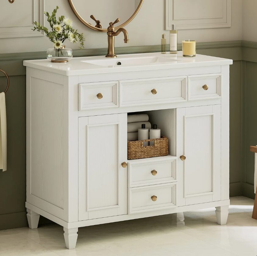 36" Traditional White Single Sink Vanity for Master & Guest Bathrooms