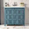 1 Rustic Distressed Blue Freestanding Vanity Cabinet with Double Storage Shelves