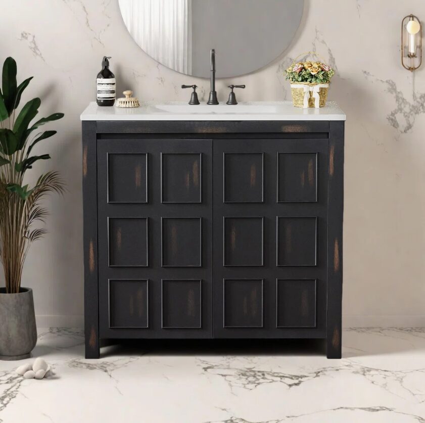 Rustic Weathered Black Freestanding Vanity with Double Storage Shelves