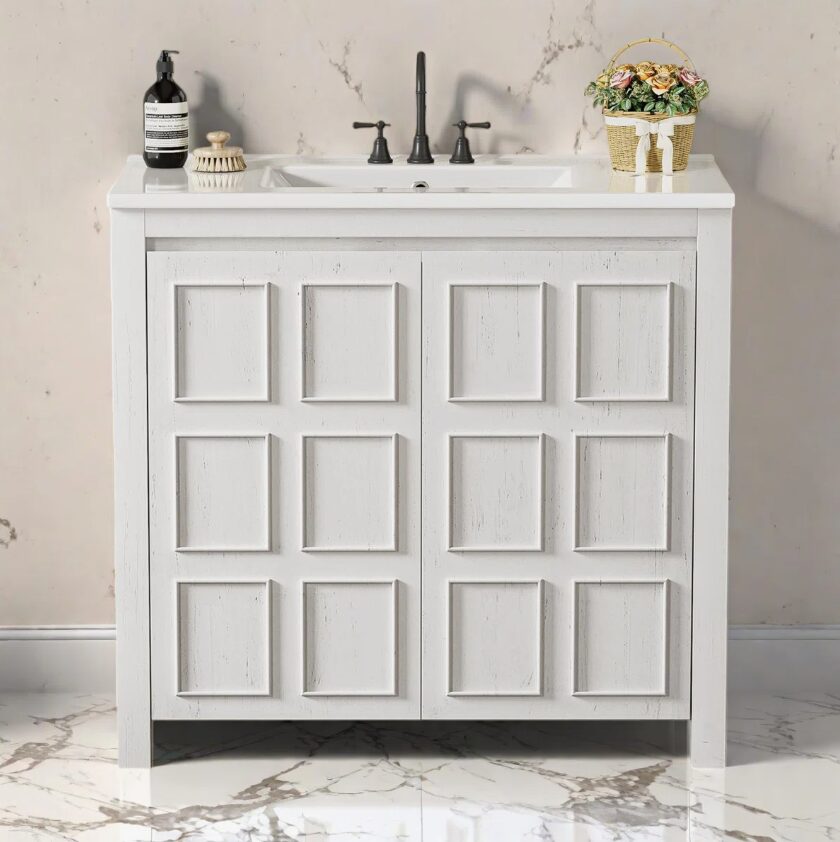 36" Distressed White Farmhouse Bathroom Vanity with Undermount Sink