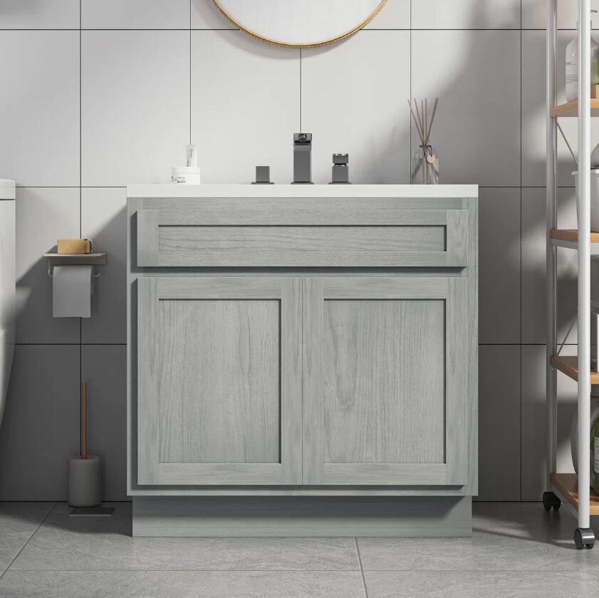 1 36 Inch Grey Wood Shaker Bathroom Storage Cabinet for Custom Countertop