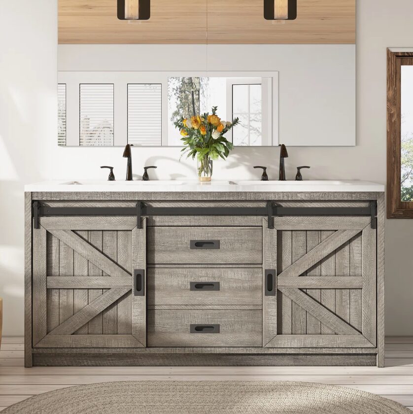 Rustic Grey Wood Double Vanity Cabinet with Storage Drawers