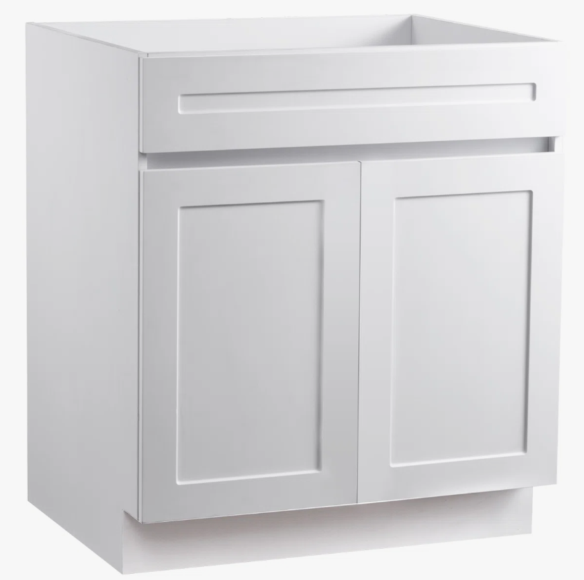 1 30" Pure White Shaker Sink Base Cabinet with False Drawer & Double Doors