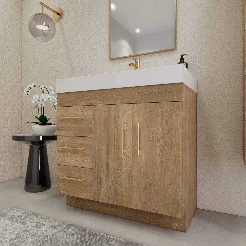 1 Modern Freestanding Oak Bathroom Vanity with 3 Drawers & Double Storage Doors