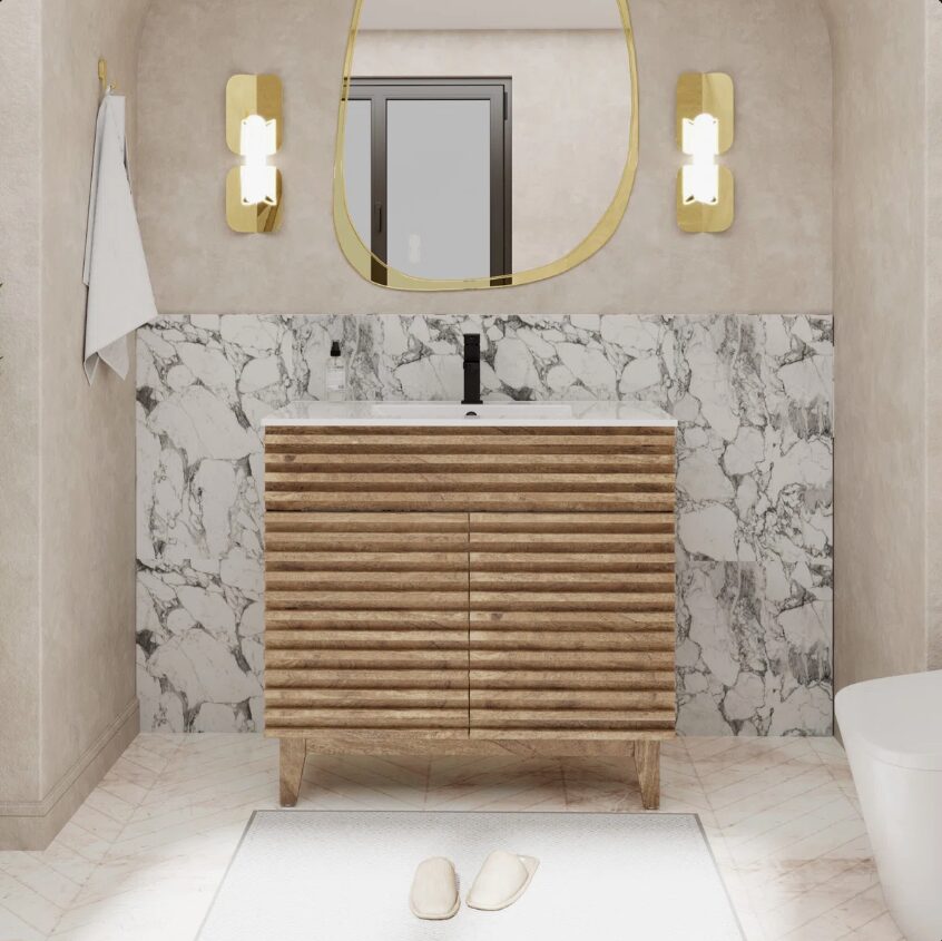 1 36 Inch 3D Fluted Wood Bathroom Vanity with Integrated White Sink Soft Close Doors