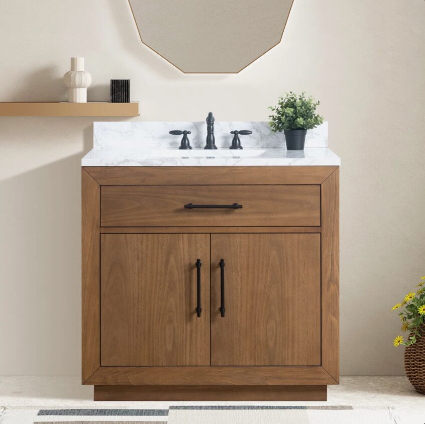 36 Inch Mid-Century Walnut Single Sink Bathroom Vanity Marble Countertop Soft Close Doors