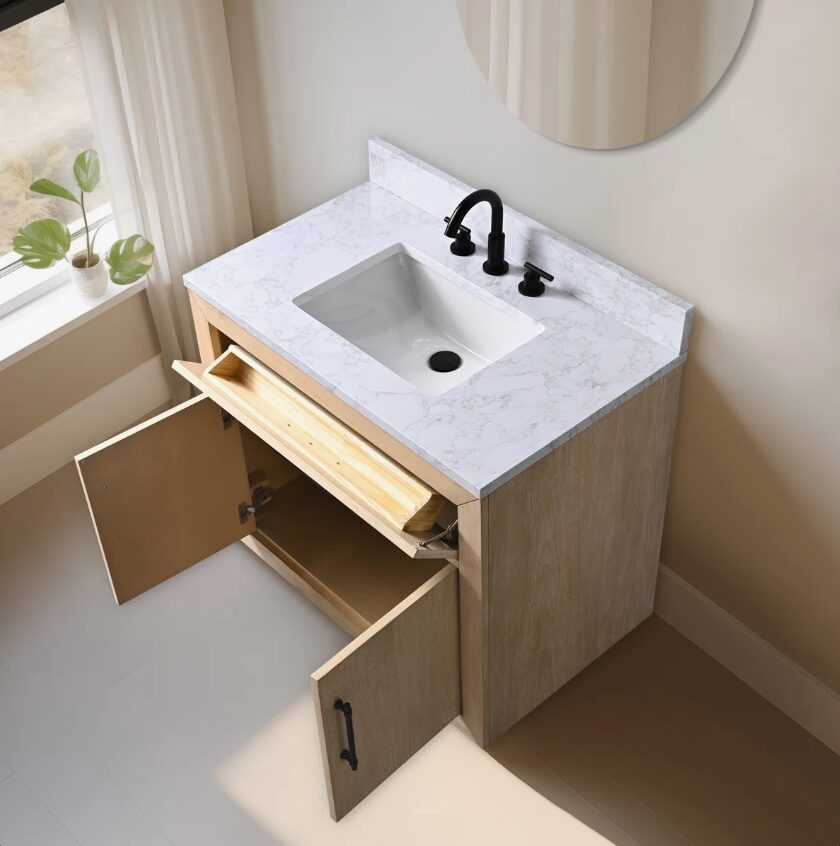 1 36 Inch Light Oak Single Sink Bathroom Vanity White Marble Countertop Soft Close Doors
