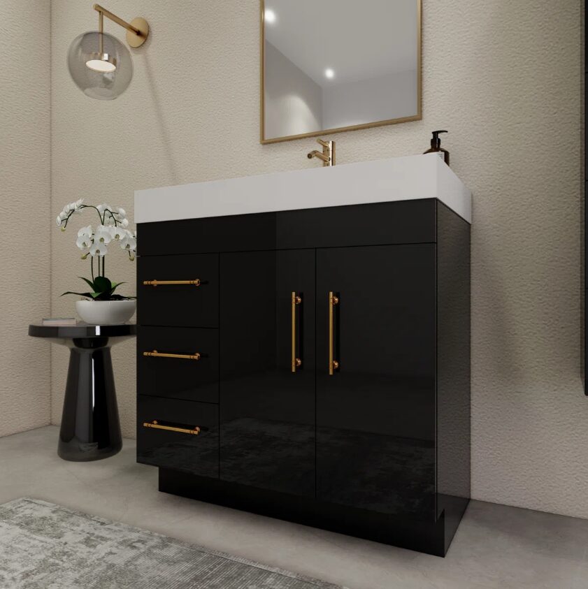 36 Inch High Gloss Black Single Sink Bathroom Vanity Solid Surface Top Soft Close Drawers Gold Hardware
