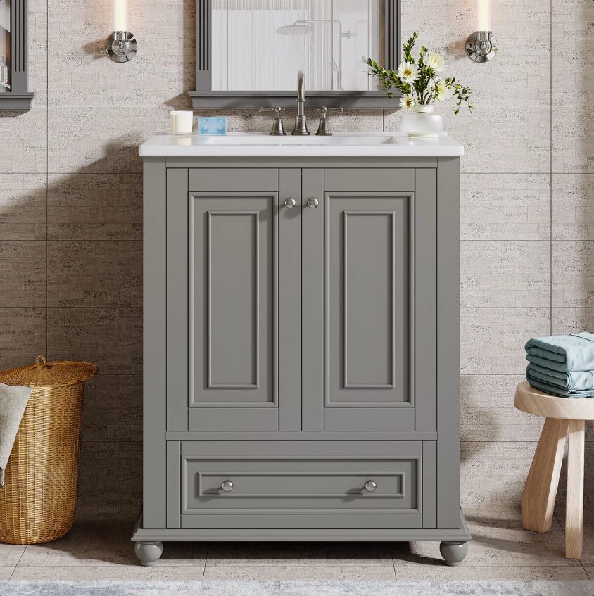 1 24 Inch Gray Freestanding Bathroom Vanity Single Sink with Soft Close Doors & Drawer