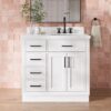 1 36 Inch White Shaker Single Sink Bathroom Vanity White Quartz Top Soft Close Drawers Matte Black Hardware