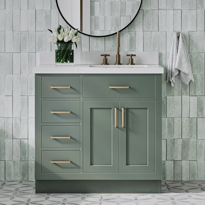 1 Modern Sage Green Shaker Vanity Cabinet with Dovetail Pine Drawers for Earthy Tone Bath Remodel