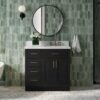 36 Inch Black Oak Shaker Single Sink Bathroom Vanity White Quartz Top Soft Close Drawers Brushed Gold Hardware