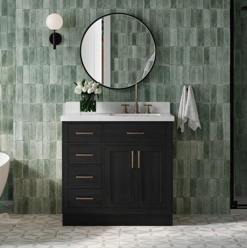 36 Inch Black Oak Shaker Single Sink Bathroom Vanity White Quartz Top Soft Close Drawers Brushed Gold Hardware