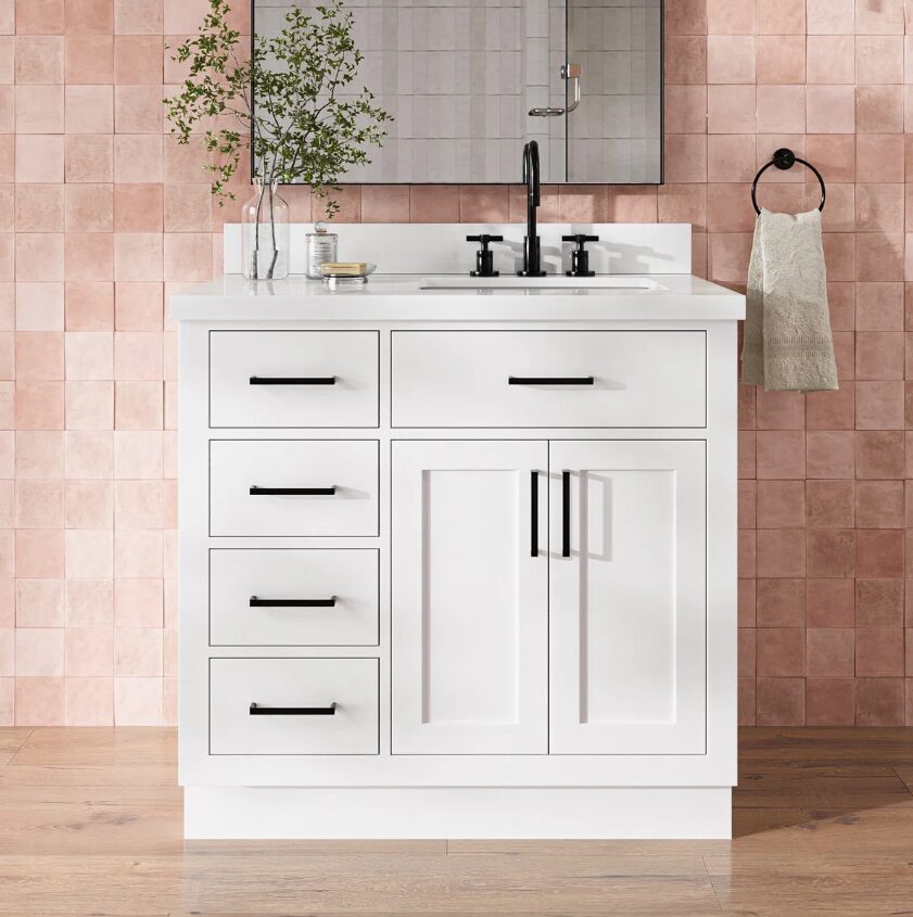 1 36 Inch White Shaker Single Sink Bathroom Vanity White Quartz Top Soft Close Drawers Matte Black Hardware
