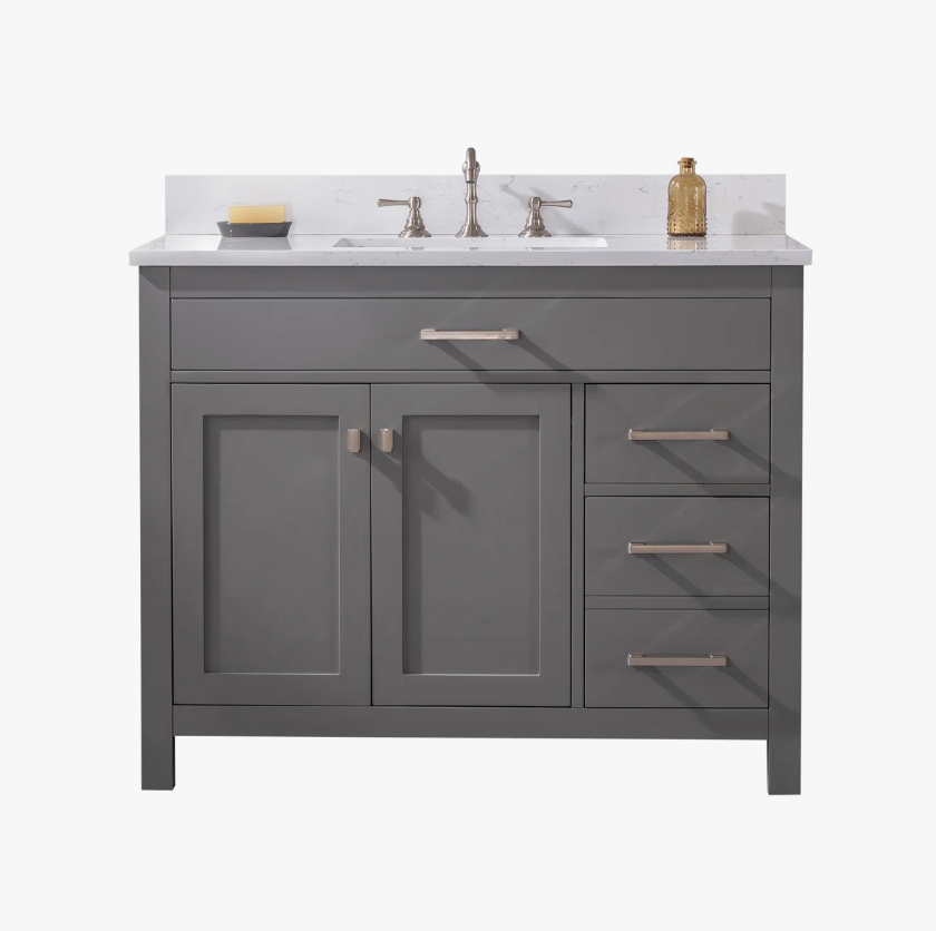 42 Inch Dark Grey Shaker Single Sink Bathroom Vanity Carrara White Quartz Top Soft Close Drawers Brushed Nickel Hardware