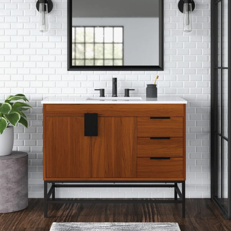 1 Modern Farmhouse Walnut Vanity Cabinet with Open Base Clearance for Industrial Bathroom Remodel