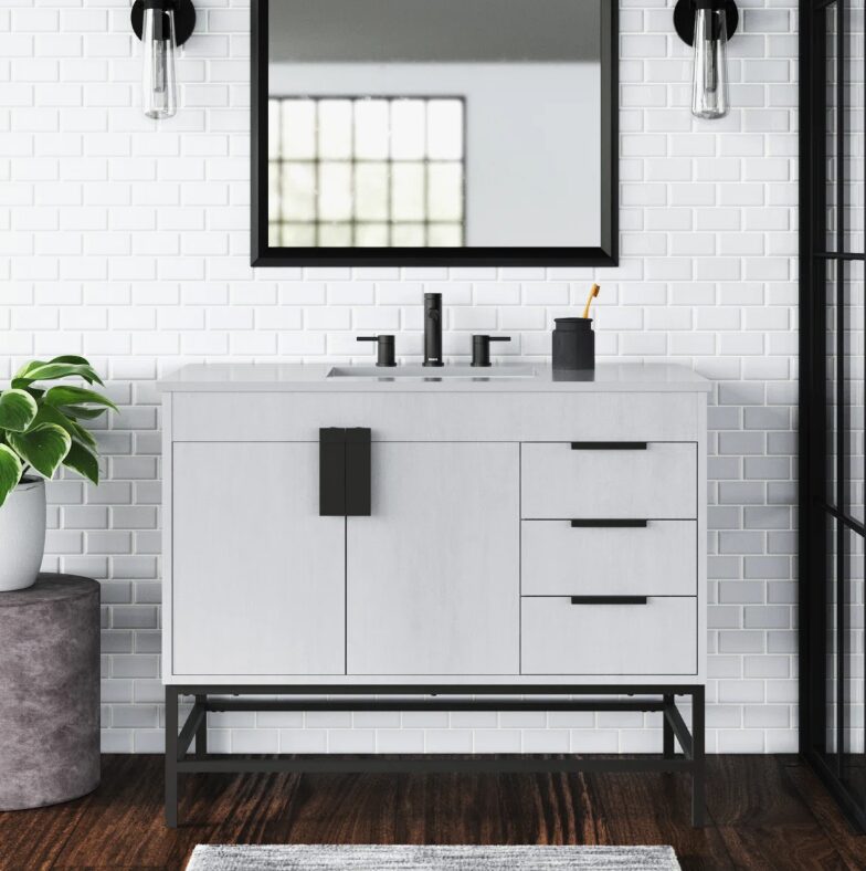 1 Transitional White Vanity Cabinet with Elevated Open Base for Farmhouse & Loft Bathroom Remodel