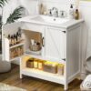 30 Inch White Barn Door Single Sink Bathroom Vanity with RGB LED Light, Over-the-Door Storage & Ceramic Sink