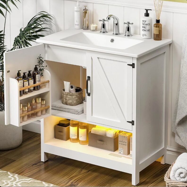 30 Inch White Barn Door Single Sink Bathroom Vanity with RGB LED Light, Over-the-Door Storage & Ceramic Sink