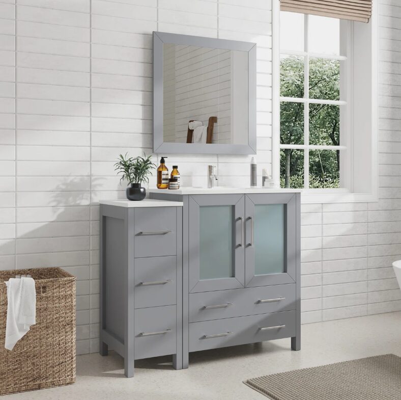 1 Freestanding Gray Vanity Combo with 5 Soft Close Drawers & Brushed Nickel Pull Handles