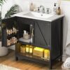 30 Inch Black Farmhouse Barn Door Single Sink Bathroom Vanity with RGB LED Light & Over-the-Door Storage