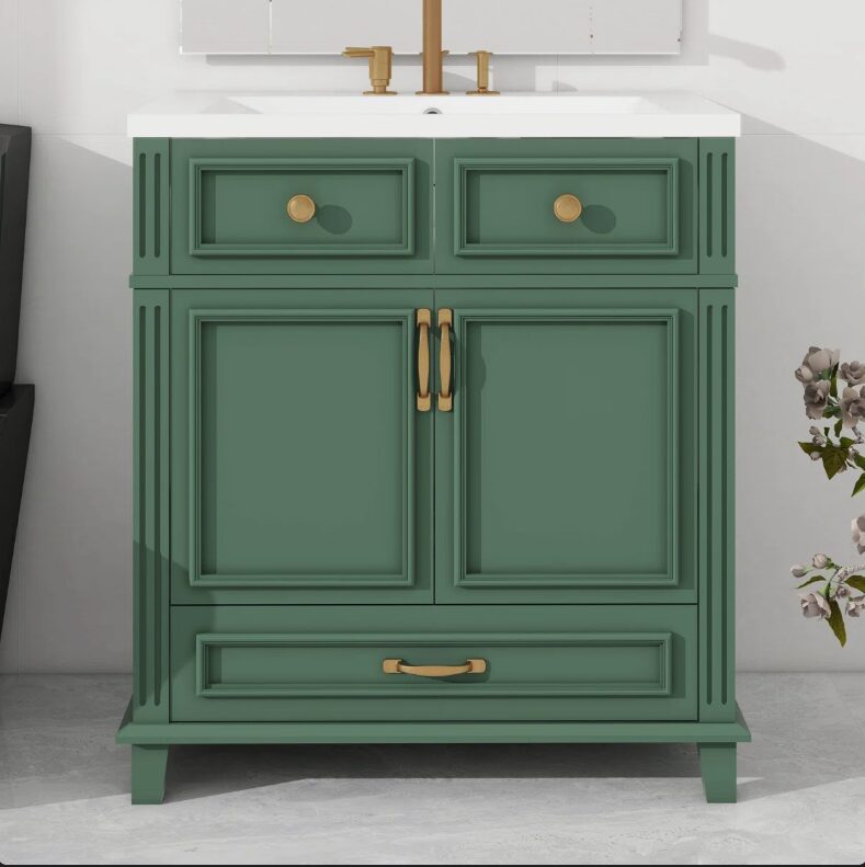 30 Inch Vintage Green Recessed Panel Single Sink Bathroom Vanity with Gold Hardware, 3 Storage Drawers & Double Doors