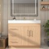 1 Wall Mount Light Wood Bathroom Vanity with Integrated White Solid Surface Sink Top