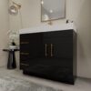 Modern High Gloss Black Bathroom Vanity with Integrated White Solid Surface Sink Top