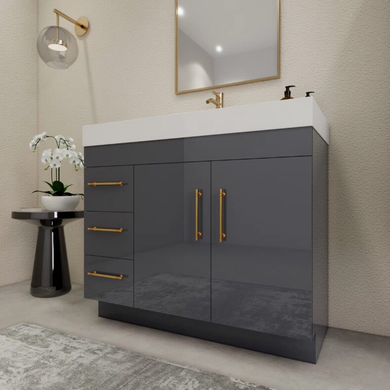 1 Modern High Gloss Gray Bathroom Vanity with Integrated White Solid Surface Sink Top