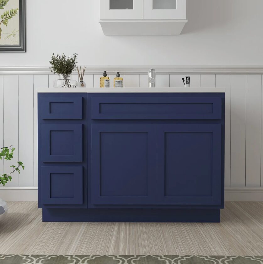 Modern Navy Blue Shaker Vanity Base Cabinet for Custom Quartz Countertop Bathroom Remodel